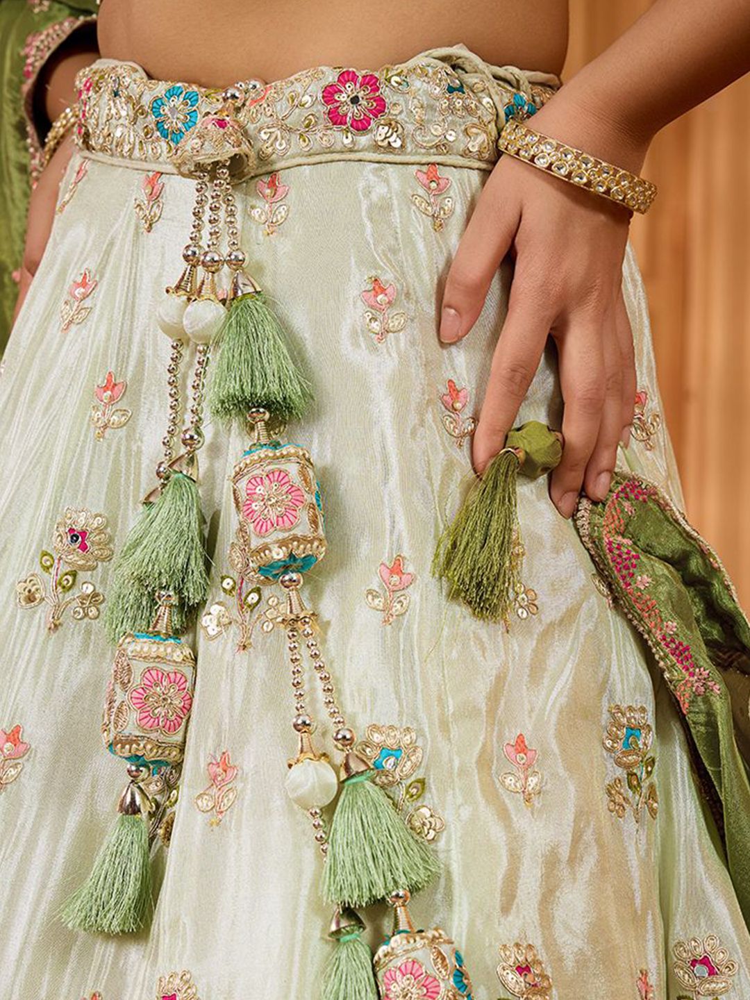 embroidered sequinned semi stitched tissue lehenga & blouse with dupatta embroidered sequinned semi stitched tissue lehenga & blouse with dupatta