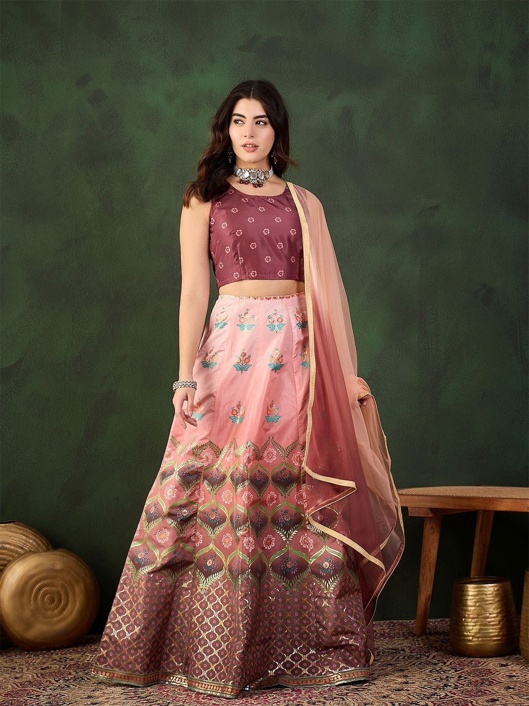 placement printed & woven design jacquard lehenga with choli & dupatta placement printed & woven design jacquard lehenga with choli & dupatta
