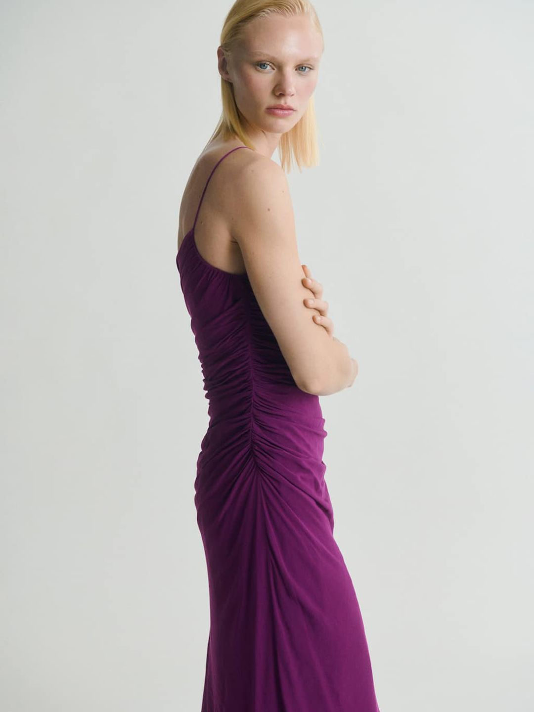 shoulder straps ruched asymmetrical midi dress shoulder straps ruched asymmetrical midi dress