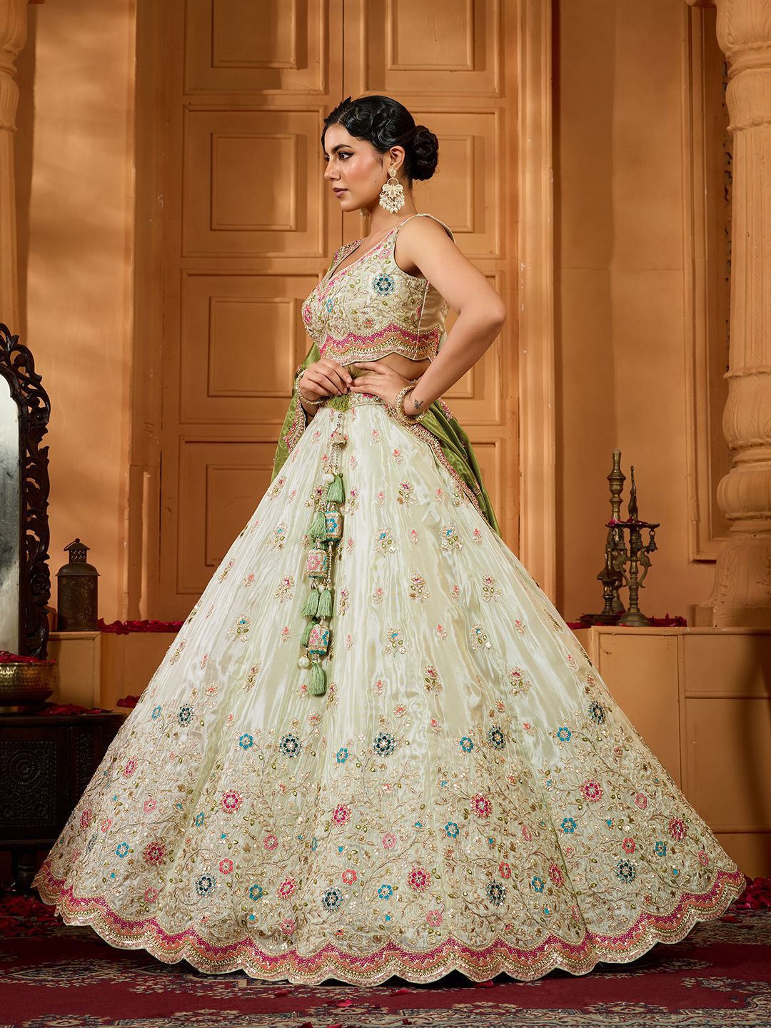 embroidered sequinned semi stitched tissue lehenga & blouse with dupatta embroidered sequinned semi stitched tissue lehenga & blouse with dupatta