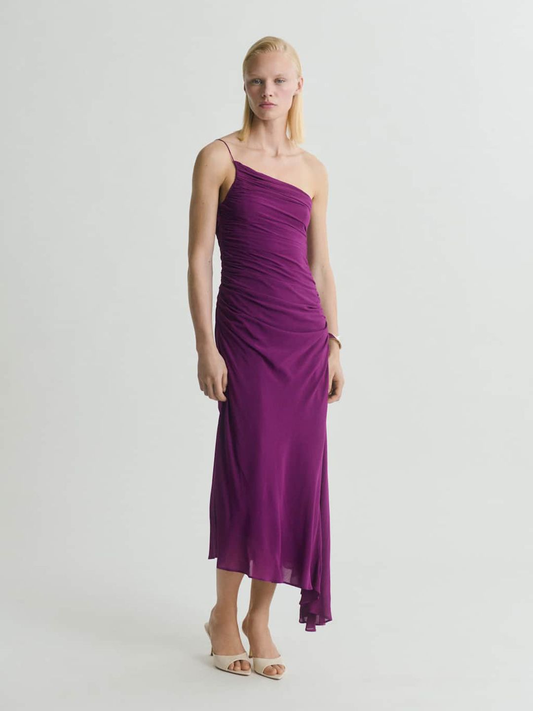 shoulder straps ruched asymmetrical midi dress shoulder straps ruched asymmetrical midi dress